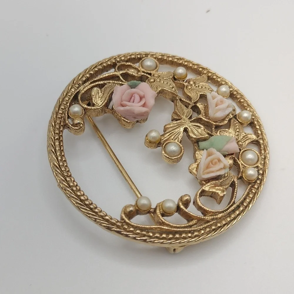 Gold Tone Pink Roses Floral Brooch  Faux Pearls Classic Feminine Porcelain